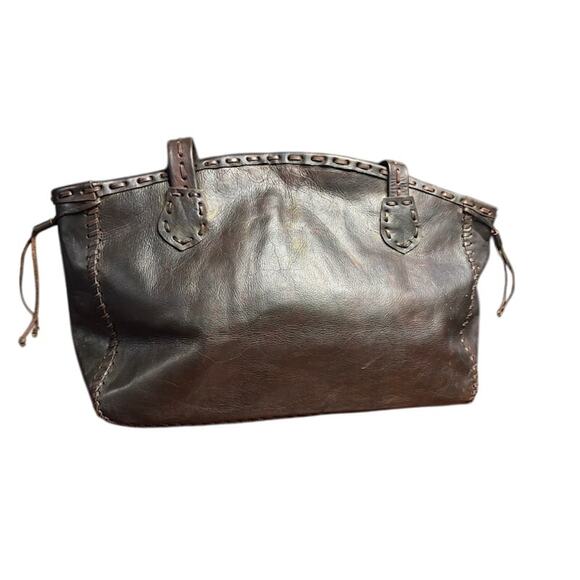 Leather Tote Shoulder Bag Large Purse Dark Brown Leather Cord Stitching Accents - Picture 2 of 11